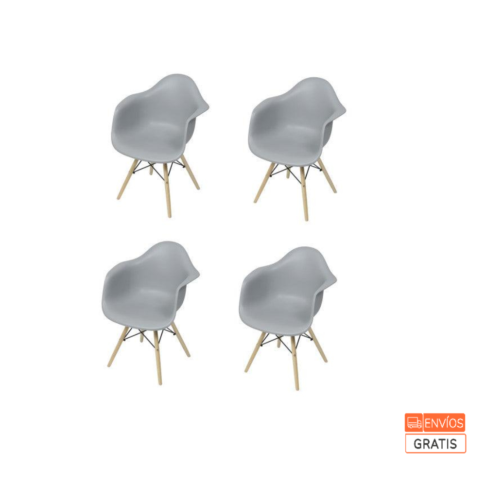 Kit Por 4 Silla Eames Con Brazos Patas En Madera   Gris